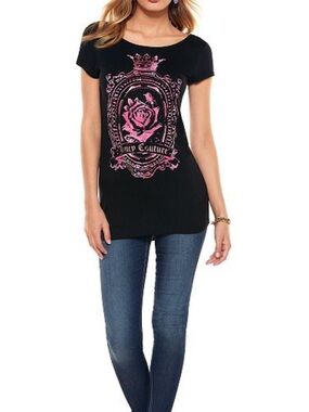 Juicy Couture Black Short Sleeve Tee with Pink Rose Crest Size Large
